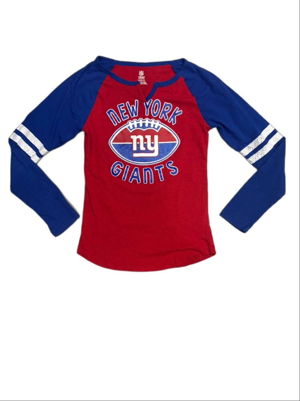 NFL Team Apparel Girls New York Giants Glitter Raglan Shirt (Large 14)